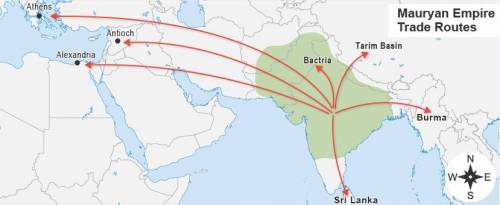 The map shows the Mauryan Empire’s trading routes.

What does the map show about the empire’s trad