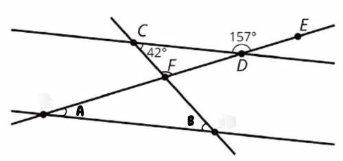 Lines AB and CD are parallel. Find the measures of the three angles in triangle ABF.

What is the