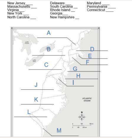 Match the label on the map with the thirteen colonies below by typing or writing the letter on the