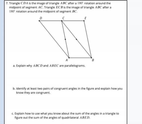 Triangle CDA is the image of triangle ABC after a 180° rotation around the midpoint of segment AC.