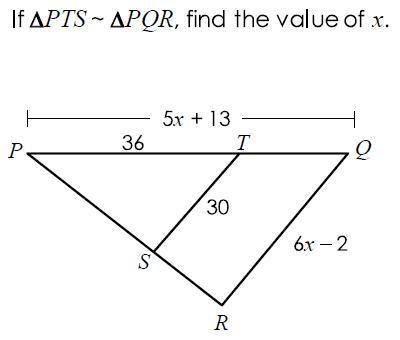 If triangle PTS is congruent to triangle PQR, find the value of x?