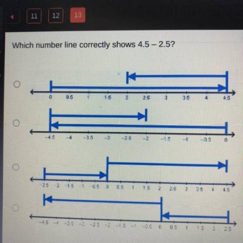 Which number line correctly shows 4.5-2.5?
