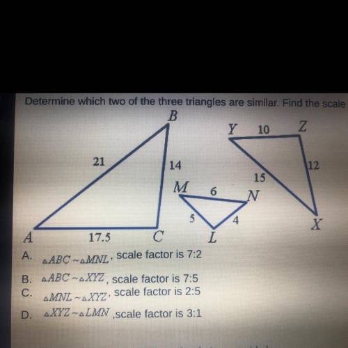 Determine which two of the three triangles are similar. find the scale factor of the pair