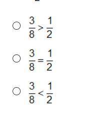Compare the ratios 3:8 and 1/2.

1. Write ratios as fractions.3/8 and 1/22. Find a common denomina