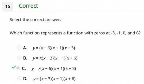 Which function represents a function with zeros at -3, -1, 0, and 6?

A. y = (x − 6)(x + 1)(x + 3)