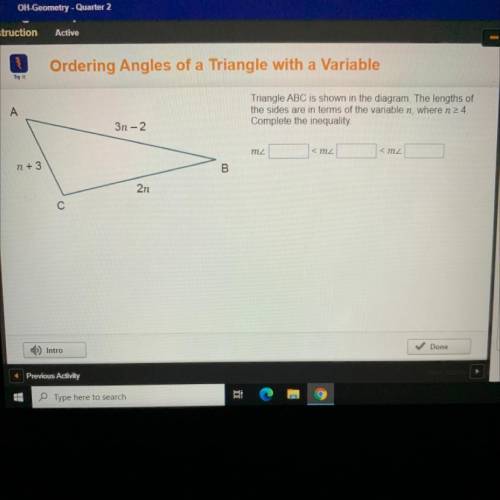 Triangle ABC is shown in the diagram. The lengths of

the sides are in terms of the variable n, wh