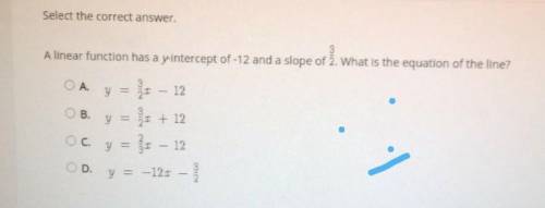 HELP ASAP PLEASE

Select the correct answer. 3 A linear function has a y-intercept of -12 and a sl
