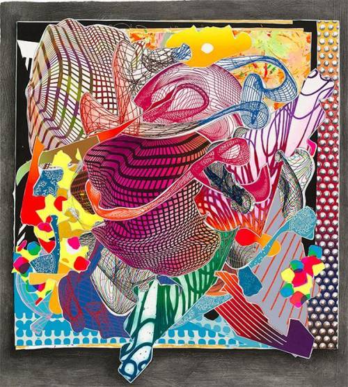 Identify all the elements used in this artwork by Frank Stella. Explain how the elements are arrang
