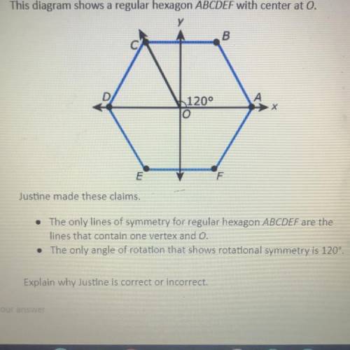 This diagram shows a regular hexagon ABCDEF with center at 0.

Justine made these claims.
• The on