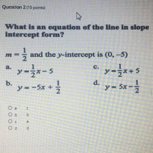 What is an equation of the line in slope intercept form? m=1/2 and the y-intercept is (0,-5)