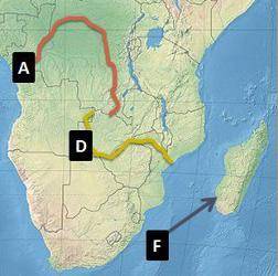 What is the name of the landform located at arrow F on the map above?

A.
Kilimanjaro
B.
Madagasca