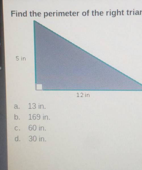 Find the perimeter of the right triangle. If necessary, round to the nearest tenth. 5 in 12 in 13 i