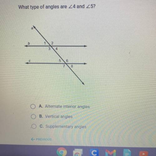 PLS HELP

A. Alternate interior angles
B. Vertical angles
C. Supplementary angles
D. Alternate ext