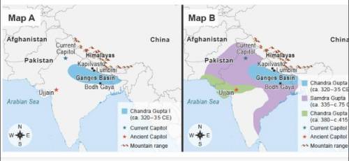 The maps show the Gupta Empire.

Which of Samudra Gupta’s achievements is reflected in Map B?
A) a