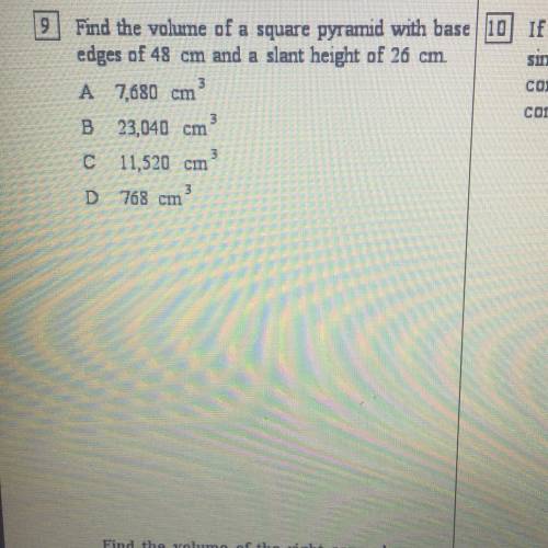Find the volume of a square pyramid with base edges of 48 cm and a slant height of 26 cm