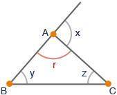 Which relationship is always true for the angles r, x, y, and z of triangle ABC?

A triangle is sh
