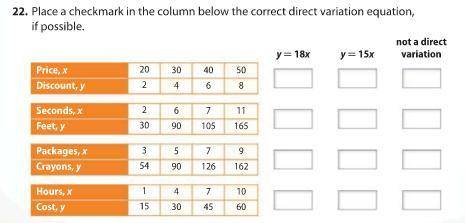 Place a checkmark in the columm below the correct direct variation equation, if possible