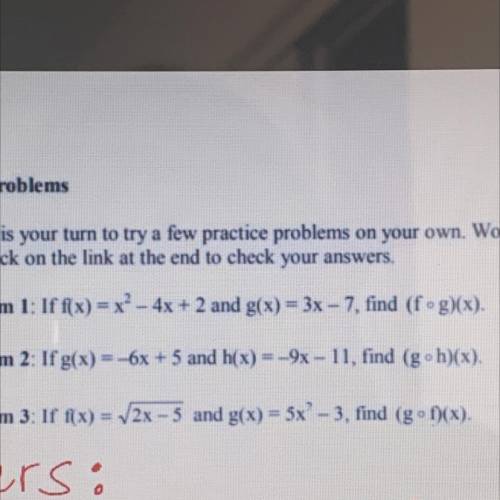 Problem 3. if f(x) = /2x-5 and g(x) = 5x? -- 3, find (gºf)(x).
(Step by step please<3)