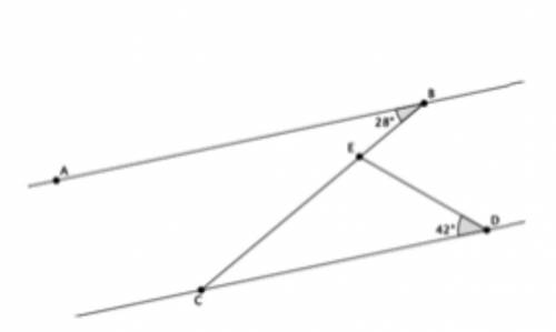 In the diagram below, line AB is parallel to line CD. The measure of

∠∠ABC is 28° and the measure