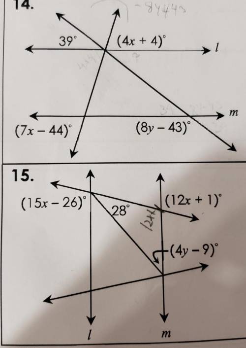 A lot of points!! Please Help! L is parallel to m find the value of x and y