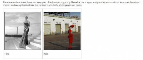 Compare and contrast these two examples of fashion photography. Describe the images, analyze their