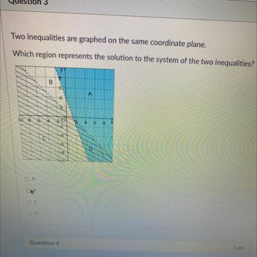 Two inequalities are graphed on the same coordinate plane.

Which region represents the solution t
