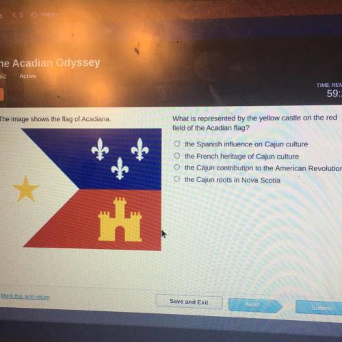 What is represented by the yellow castle on the red

field of the Acadian flag?
O the Spanish infl