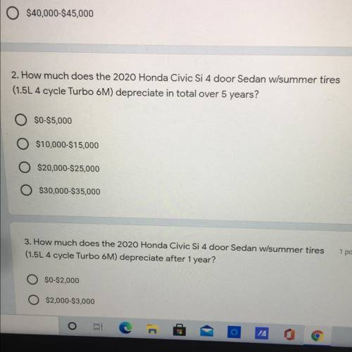 How much does the 2020 honda civic si 4 door sedan summer w summer tires depreciate in total over 5