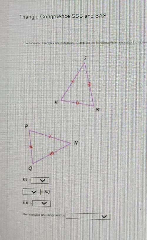 The following triangles are congruent. Complete the following statements about congruent parts and