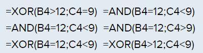 Which formulas return TRUE, if the value in cell B4 is 12 and the value in C4 is 29?

____ and ___