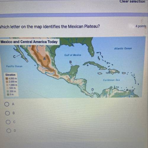 Which letter on the map identifies the Mexican Plateau