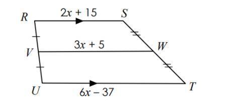 Please Help!
The following is an isosceles trapezoid, find RS
