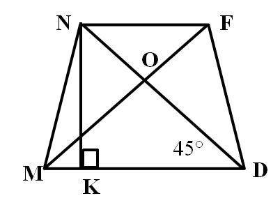 The angle between a diagonal and the longer base of the isosceles trapezoid MNFD is 45°. NK is an a