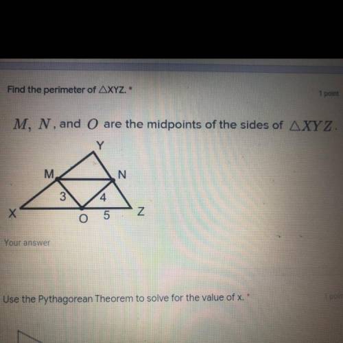 Find the perimeter of XYZ M,N, and O are the midpoints of the sides of XYZ