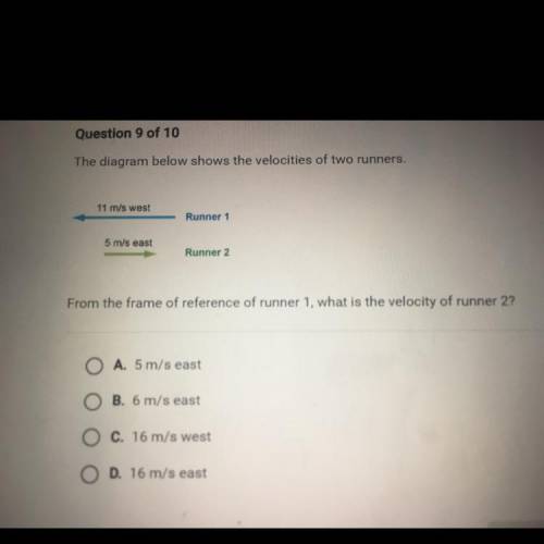 The diagram below shows the velocities of two runners.

11 m/s west
Runner 1
5 m/s east
Runner 2
F