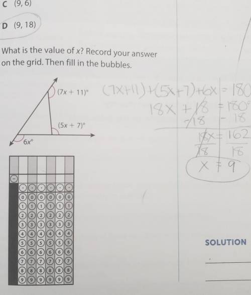 I need help on how to fill in a bubble grid. my answer is x=9, but I'm not sure how to record my an