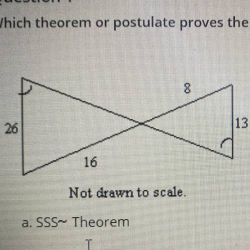Which theorem or postulate proves the two triangles are similar?

A) SSS- theorem
B) SAS-theorem
C