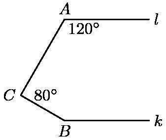 Lines l and k are parallel to each other. A=120 degrees. and C=80 degrees. What is the number of de