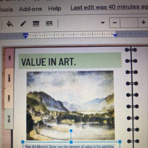 How did Albrecht Dürer use the element of value in his painting, “view of Trento”? How does it affe