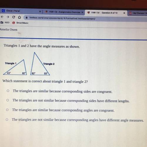 Which statement is correct about triangle 1 and 2? please help:)