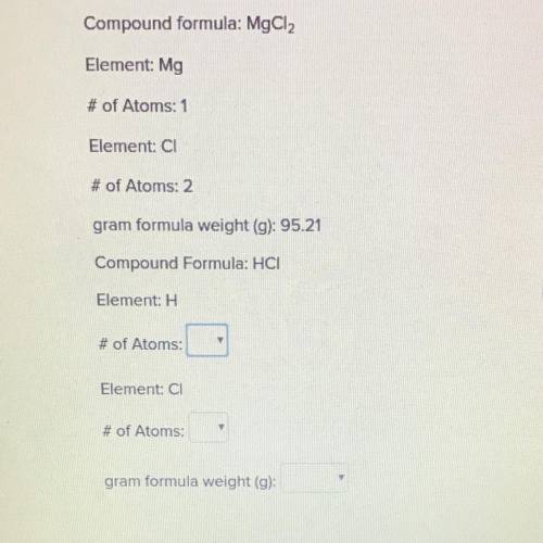 Example for next four problems:

Compound formula: MgCl2
Element: Mg
# of Atoms: 1
Element: Cl
# o