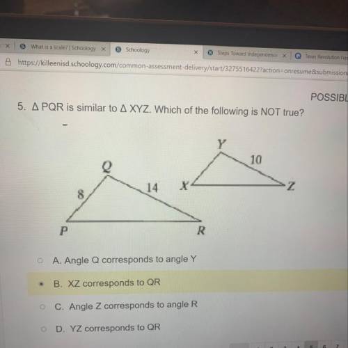 A. Angle Q corresponds to angle Y

B. XZ corresponds to QR
C. Angle Z corresponds to angle R
D. YZ