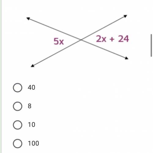 The accompanying diagram shows intersecting lines l and m. Solve for the value of x. *

Can anybod