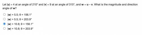 Let |u| = 4 at an angle of 210° and |v| = 9 at an angle of 315°, and w = u – v. What is the magnitu