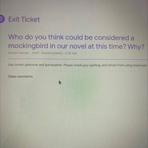 Who do you think could be considered a

mockingbird in our novel at this time? Why? 
(Novel is to