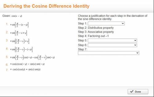 Choose a justification for each step in the derivation of the sine difference identity.

Step 1: