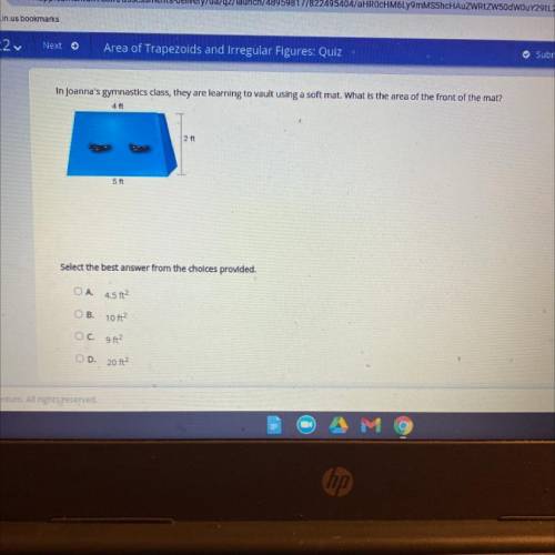 In Joanna's gymnastics class, they are learning to vault using a soft mat. What is the area of the