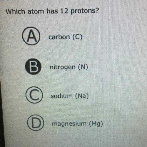 Witch atom has 12 protons

A carbon (C)
B nitrogen (N)
C sodium (Na)
D magnesium (Mg)
Also I didn’