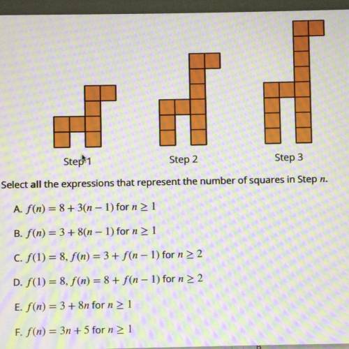 Select all the expressions that represent the number of squares in step n
