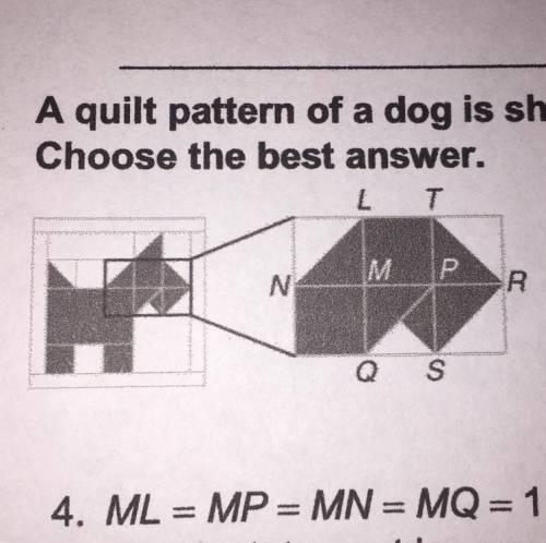 A quilt pattern of a dog is shown. Choose the best answer.

4. ML=MP=MN=MQ= 1 inch. Which statemen